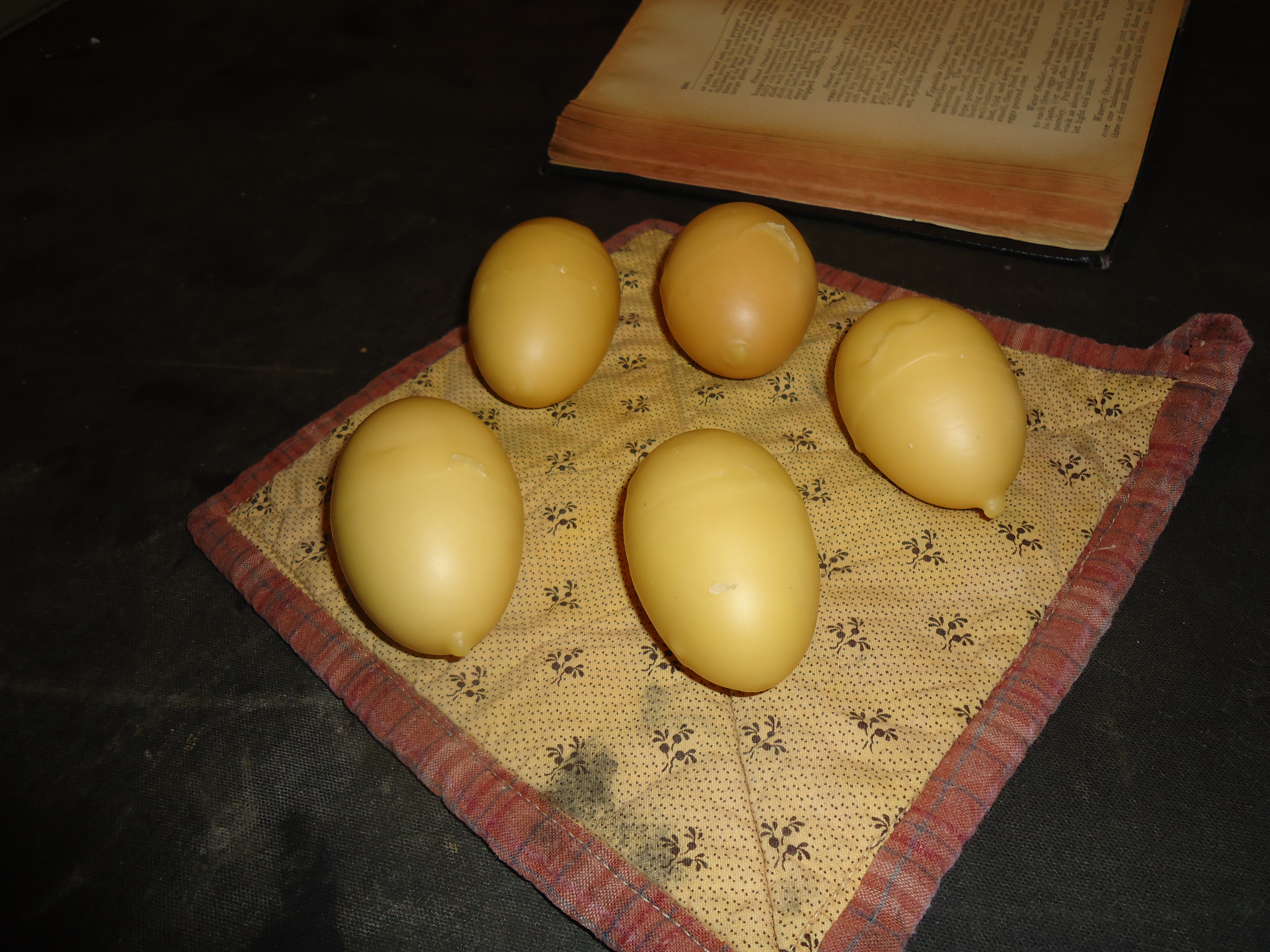 These eggs have been dipped in beeswax to help preserve them to leaner times.